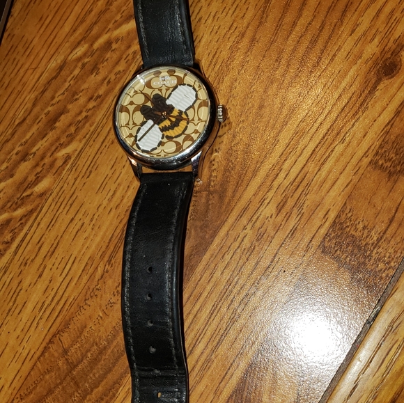 RARE Coach quartz analog leather black signature bumble Bee wristwatch - Picture 2 of 7